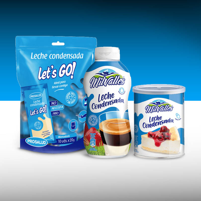 Diseño de packaging, etiquetas, doypack y sirvefácil de leche condensada Milvalles