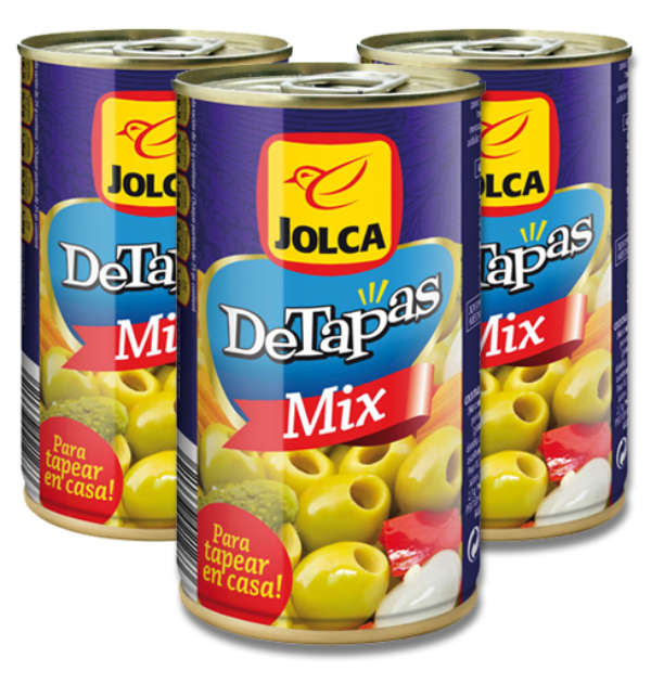 Conjunto de tres latas DeTapas Mix Jolca con diseño de packaging