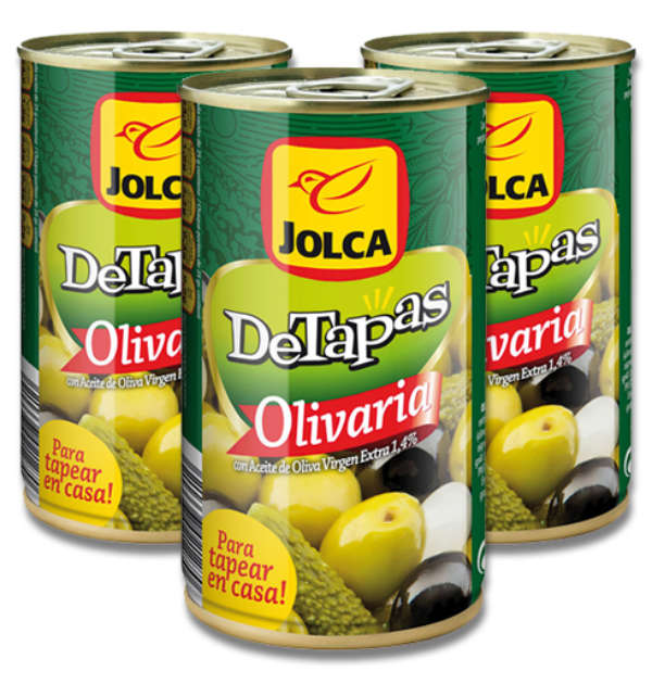 Tres latas DeTapas Jolca Olivaria con imagen gráfica diseñada por Empacke