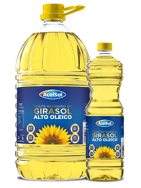 Composición fotográfica de envases de aceite Aceisol en formatos de 1 litro y 5 litros