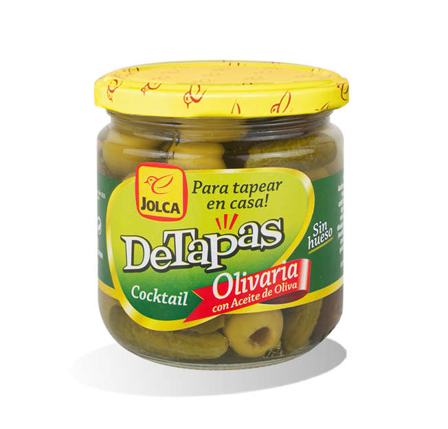 Bote de cristal DeTapas Olivaria con diseño de envase y branding gastronómico