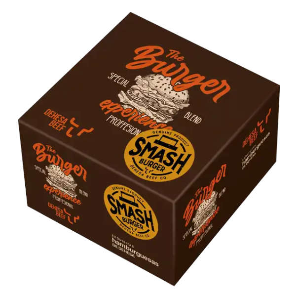 Envase diseñado para hamburguesas estilo Smash con sello Dehesa Beef