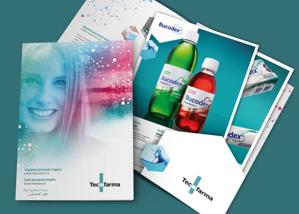 Carpeta de fichas técnicas de Tecofarma con diseño gráfico profesional