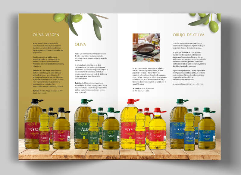 Catálogo de colección de aceites de oliva TuAceite de siempre con diseño gráfico profesional