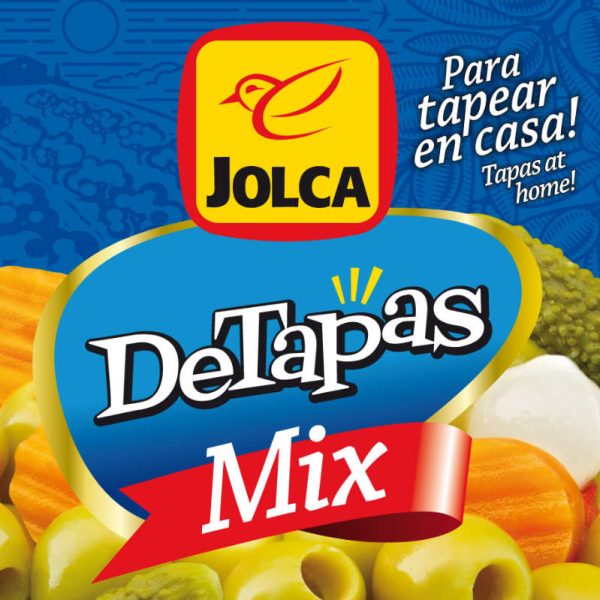 Lata de aceitunas DeTapas Jolca Mix 350 g con diseño gráfico de Empacke