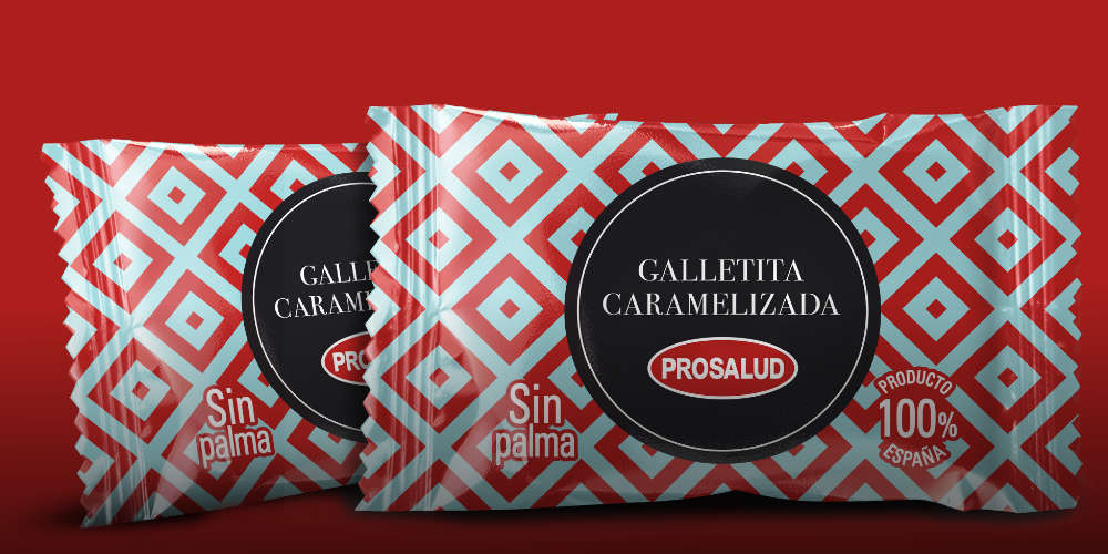 Galletitas caramelizadas Prosalud sobre fondo rojo con diseño gráfico de Empacke