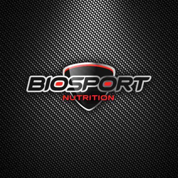 Logotipo Biosport Nutrition en fondo fibra de carbono, identidad visual deportiva