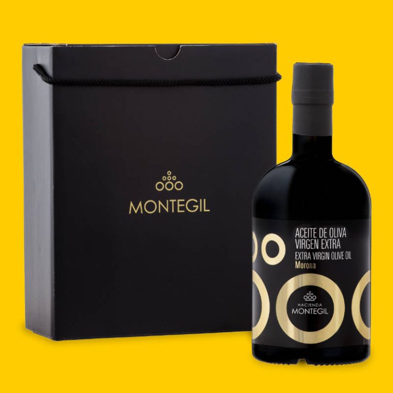 Botella y estuche regalo de aceite de oliva virgen extra premium Montegil