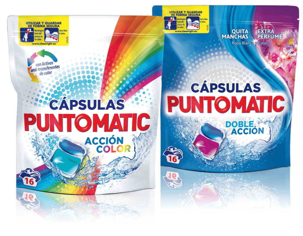 Diseño de branding de detergente en cápsulas para lavadoras PUNTOMATIC. Doypack