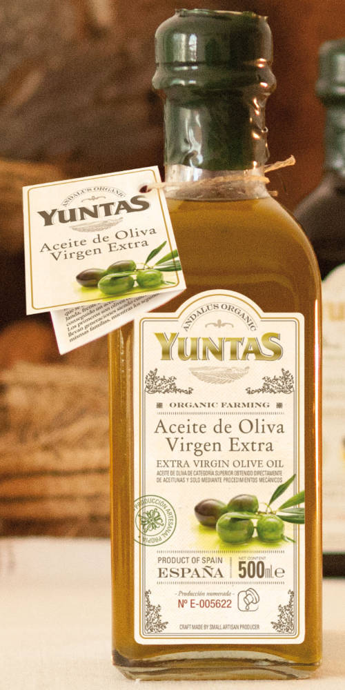 Fotografía de botella de aceite de oliva virgen extra orgánico Yuntas