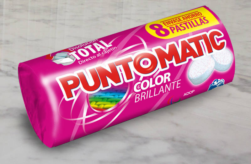 Diseño de etiqueta para pastillas para lavadoras Puntomatic color brillante